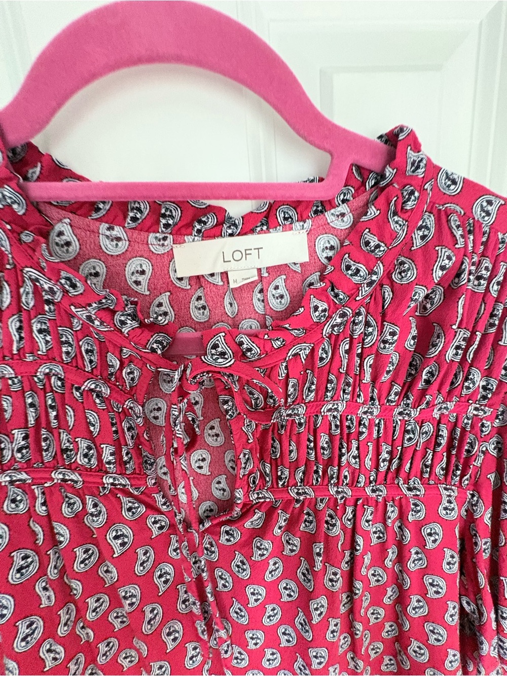 LOFT Red and Blue Paisley Short-Sleeve Smocked Yoke Blouse - Picture 2 of 6